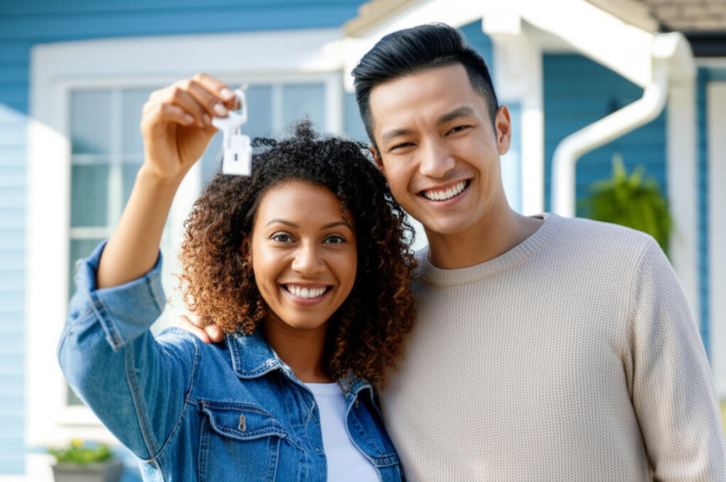 Young couple receiving house keys